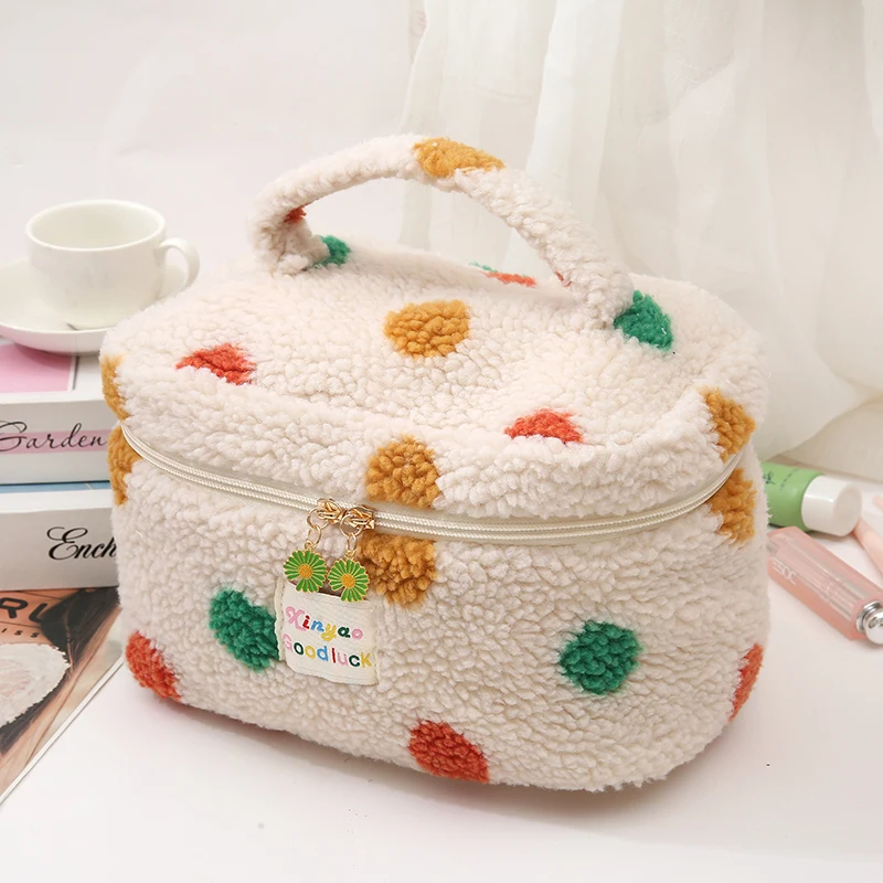 Polka dot lamb hair makeup bag Large capacity cute ins wind storage bag multifunctional travel portable plush toiletry bag