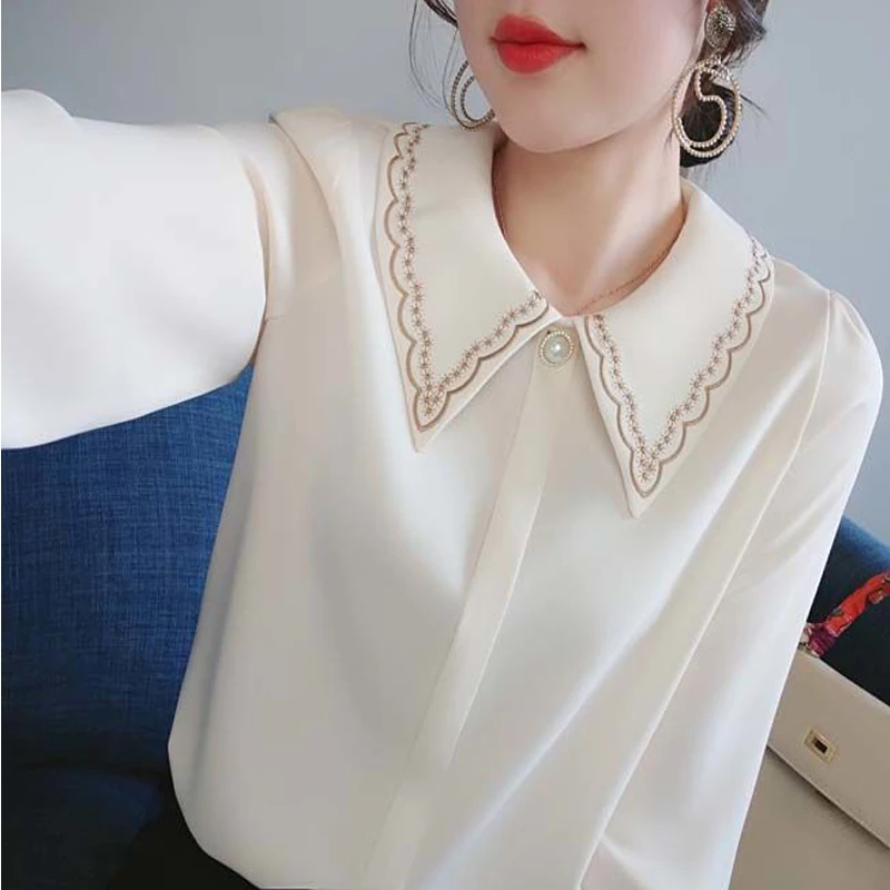 Women Embroidery Beaded Chic Luxury Design Shirts Spring Autumn Fashion Office Lady Blouse Solid Long Sleeve Tops Elegant Blusas