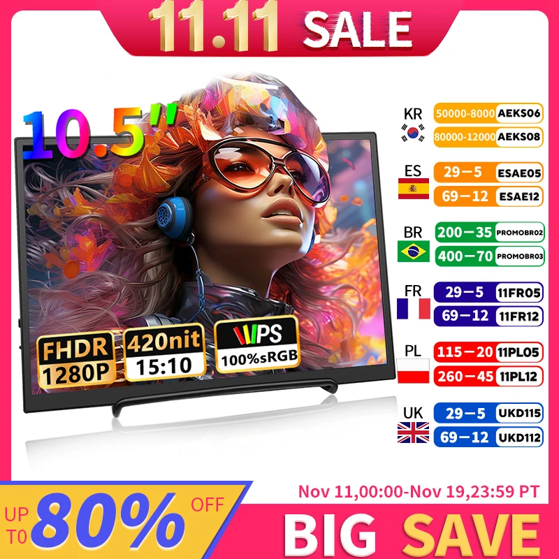 10.5 inch Portable Monitor 1280P 100%SRGB 420cd/m2 With dual speakers Mini HDMI interface For Laptop PC PS4 Game Console