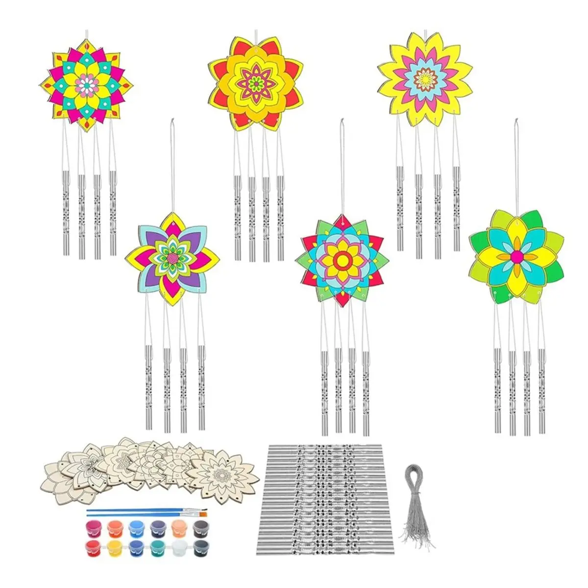 2026 New 12 Sets Flower Wind Chimes Craft for Kids,DIY Windchime Unfinished Wood Coloring Kit for Gifts and School Party Supplie