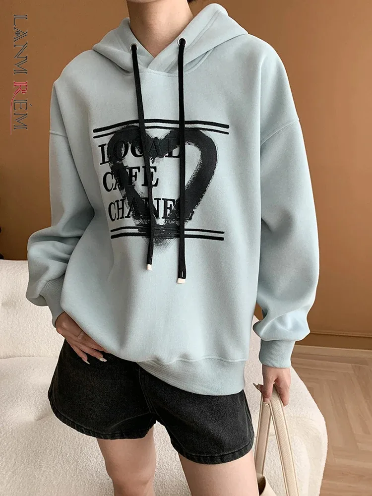 

[LANMREM] Embroidery Design Hooded Sweatshirt For Women Drawstring Casual Loose Tops Fashion 2024 Autumn New Clothing 26C141