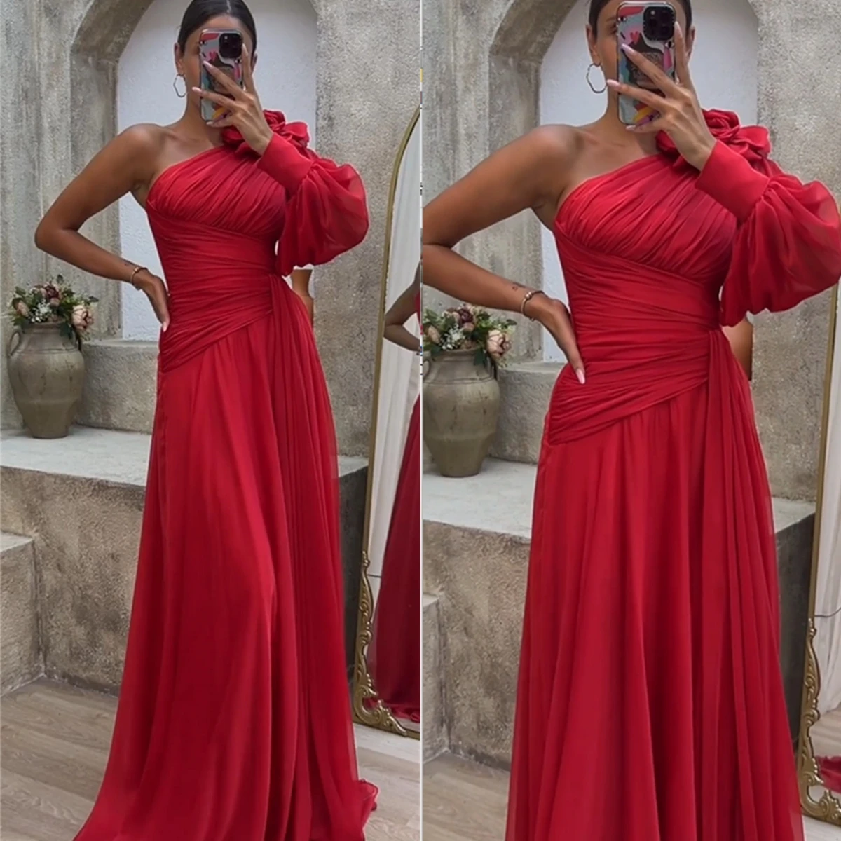 

Prom Dresses Fashion One-shouldertA-line Celebrity Flowers Draped Chiffon Occasion Evening Gown vestido defestas longo casamento