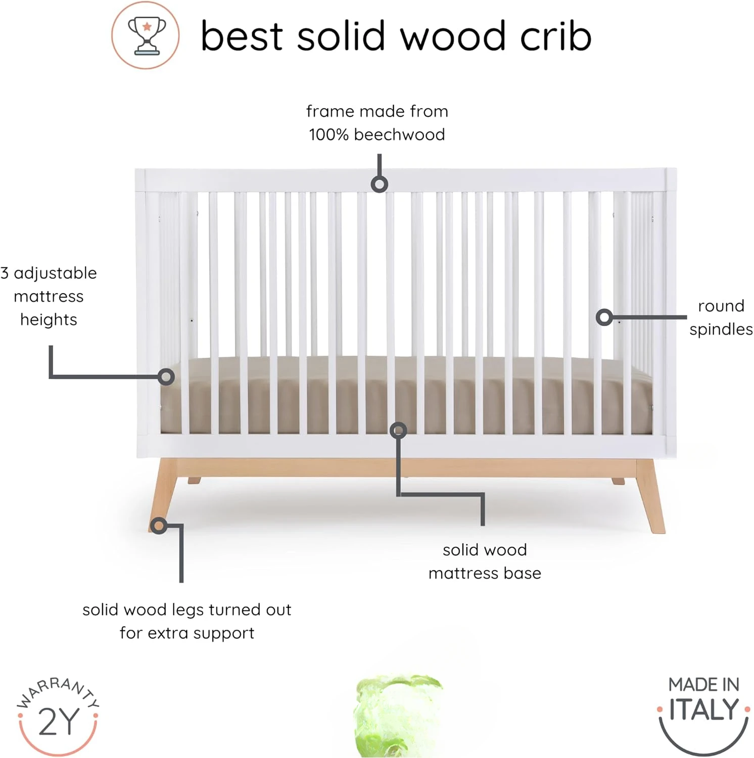 Convertible Crib , Adjustable Mattress Height, Solid Beechwood – Baby-Safe Finish, Modern Design 53.15 x 29.95 x 36.7 in