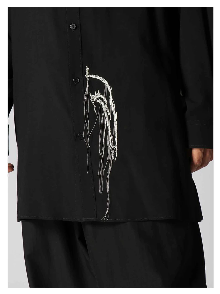 Tassel Embroidery Unisex Shirt Oversized Yamamoto-Style Homme Black Shirt Tops For Man Black Shirts And Blouses