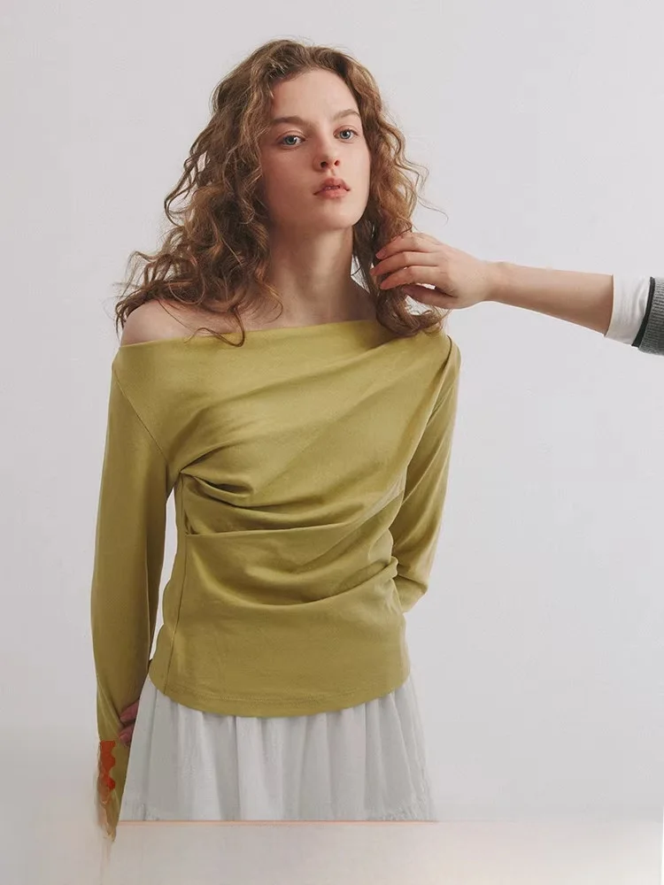 

Женская хлопковая футболка Long Sve с колючками на одно плечо, облегающая повседневная одежда Sle Spring Faion, внутренняя одежда Base S...