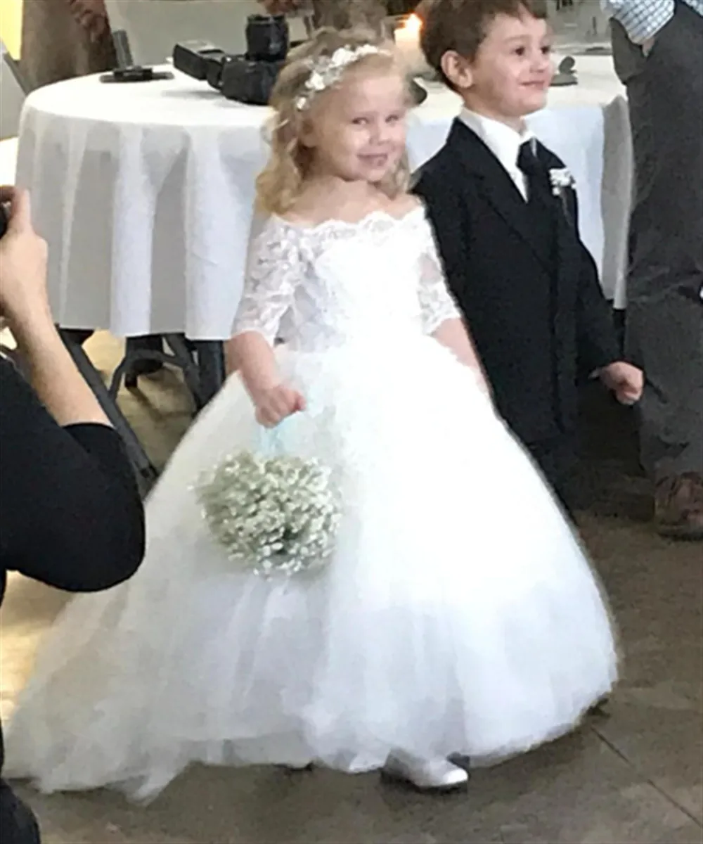 Elegant Flower Girl Wedding Dress Appliques Lace Off Shoulder Half Sleeves Bow Belt Kids Birthday Party First Communion Gown