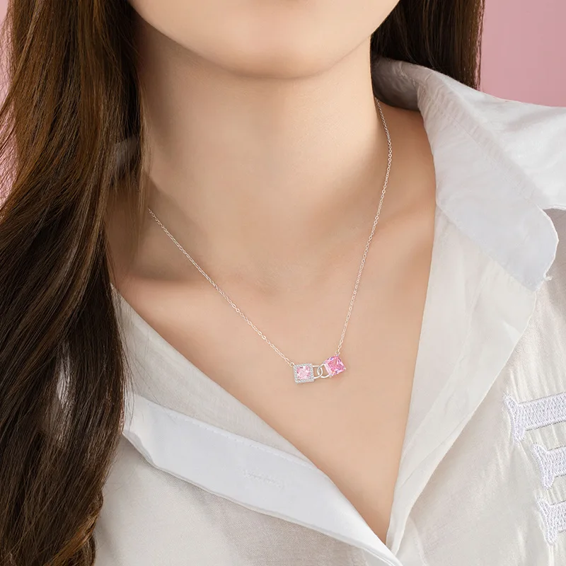 2PCS Pink Zircon Lock Pendant Necklace Bracelet Set for Women S925 Sterling Silver Valentine's Day Gift Adjustable Jewelry