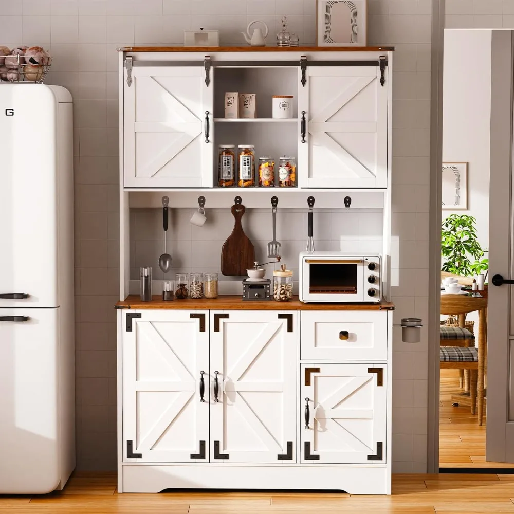 

71 Pantry Cabinet with Charging Station, Tall Kitchen Pantry Storage Cabinet with Microwave Stand, Farmhouse Kitchen Hutch with