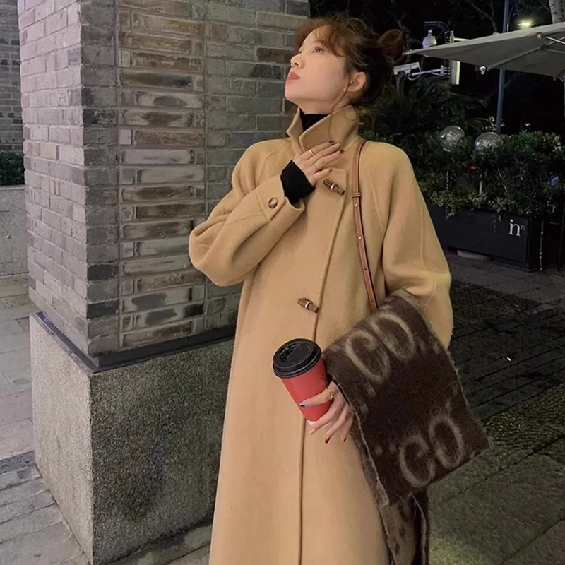 

Double-sided wool coat long lantern sleeve stand-up collar horn buckle plush thickened warm wool double-sided coat women