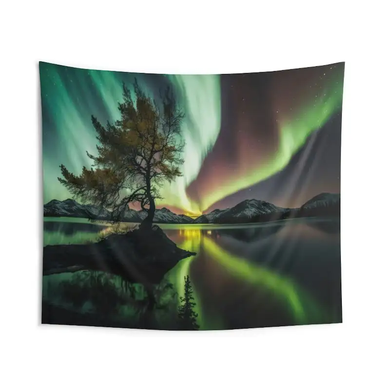 Aurora Borealis Nightscape Tapestry - Northern Lights 100% Polyester Wall Hanging Long Exposure Photo Wall Art Decor