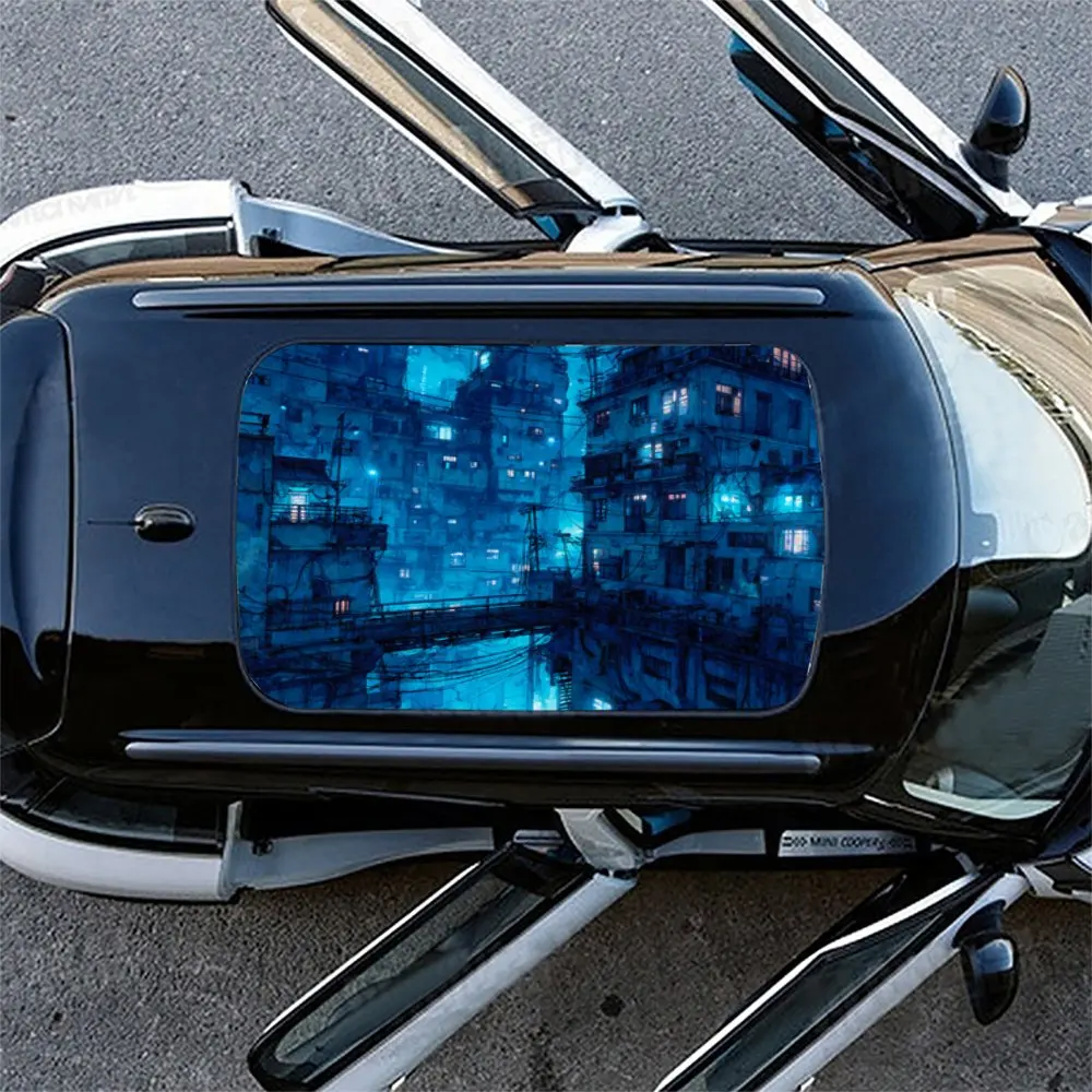 ملصق سقف السيارة الأزرق المستقبلي Cyberpunk Tech Space PVC عصا مقاومة للماء ذاتية اللون، ديكور ملحقات السيارات الخارجية المذهلة #4