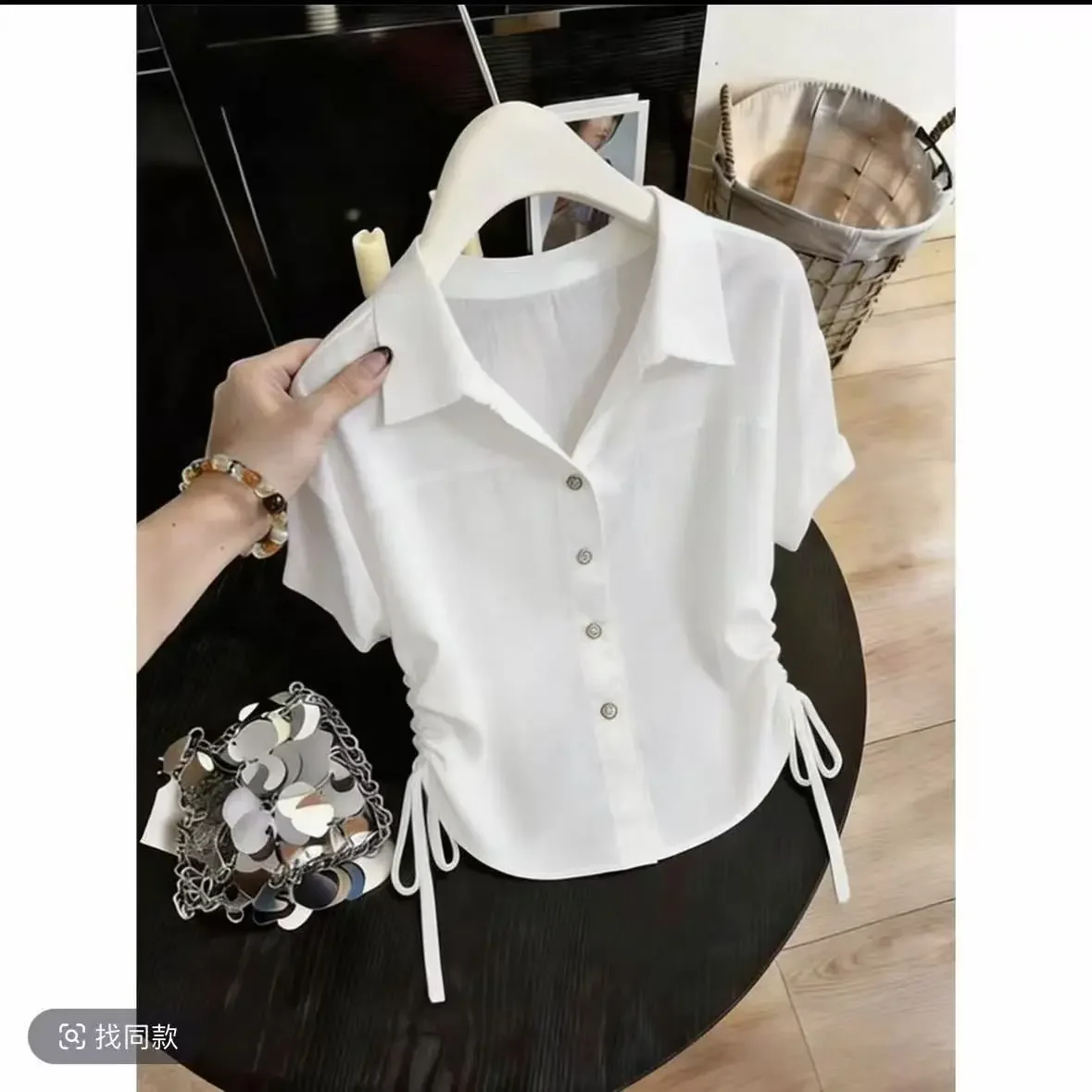 Modische Lässige Polokragen-Bluse mit Kordelzug Einfarbiges Oberteil Damenkleidung Neue Sommer-Kurzarm-Bluse Schlichte Vintage-Eleganz – Detail 4