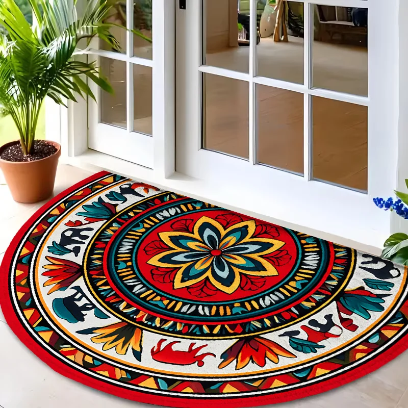Vintage Scenic Mountain Village Motif Print Round Door Mat Commercial Floor Carpet For Restaurant Gym Supermarket
