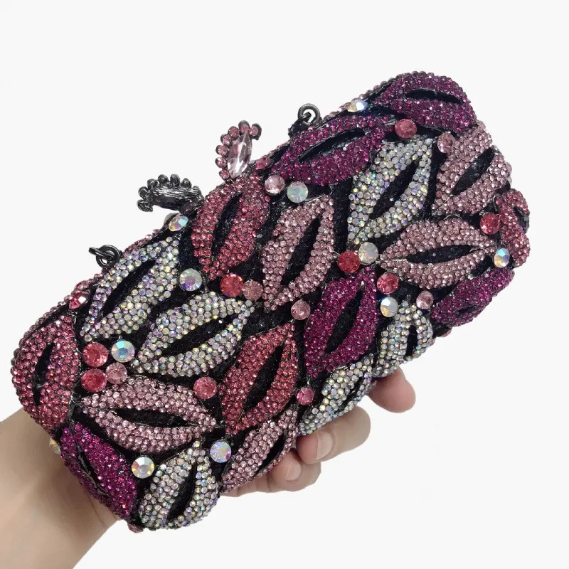 Women Multi Pink Lips Crystal Cocktail Clutch Purse Wedding Bridal Banquet Dinner Evening Bag Diamond Birthday Party Handbag