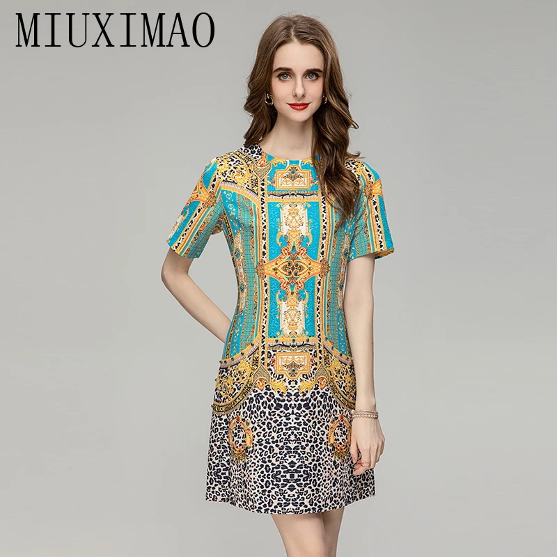 

MIUXIMAO 2023 Summer/Fall Dress Newest Arrival Fashion Short Sleeve Slim Flower Diamonds Leopard Tank Dress Women Vestidos