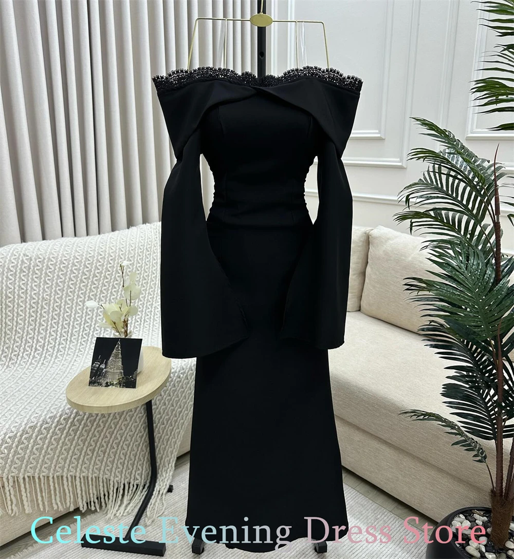 사용자 정의 간단한 블랙 저지 이브닝 드레스 우아한 오프 어깨 긴 소매 홈 커밍 드레스 패션 파티 가운
