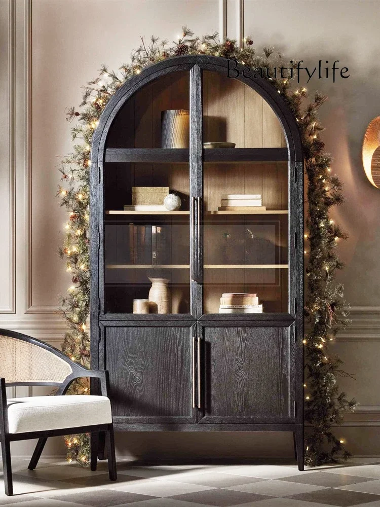 French Solid Wood Arched Bookcase American Retro Glass Door Storage Sideboard Cabinet Black Curio Cabinet