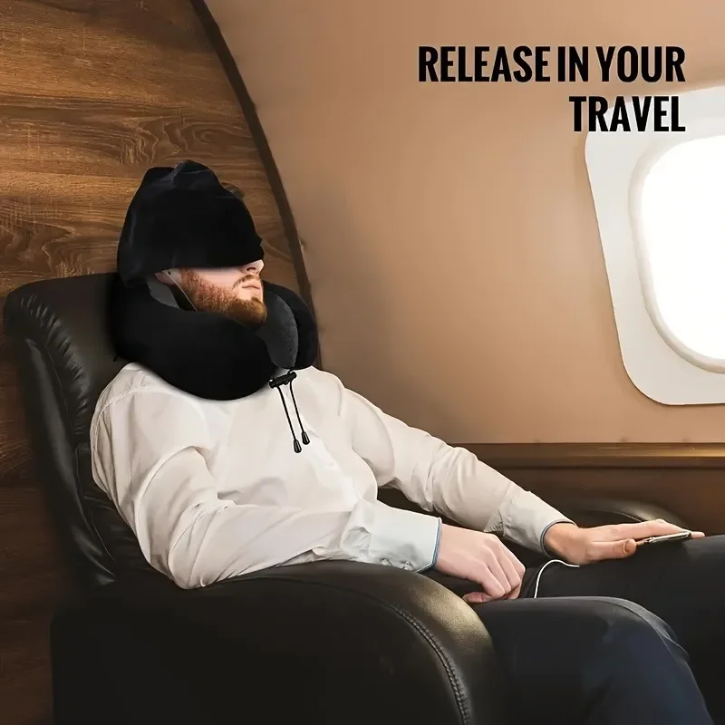 Neck Support for Airplane Office Nap Car and Home Use Memory Foam Hooded U-Shaped Travel Pillow with Detachable Cover Portable