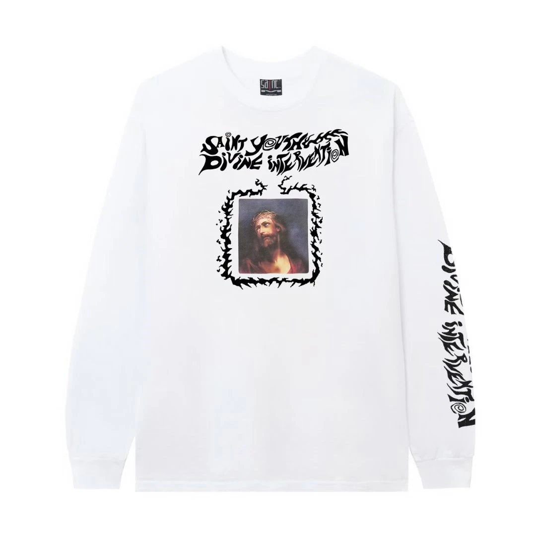 

White Jesus Print SAINT Long Sleeves T-shirt Men Women Best Quality Tops Tee T Shirt