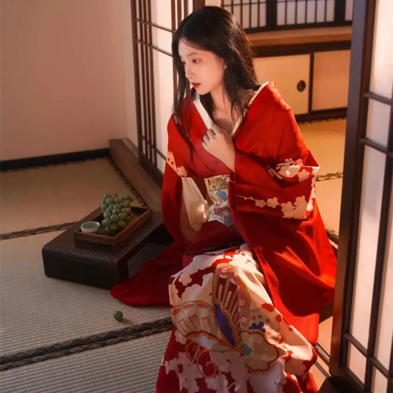 Kimono Improved Female Japanese Chinese Style Dress Traditional Yukata Women Photo Bathrobe Japan Girl Red Cherry Blossoms Dress