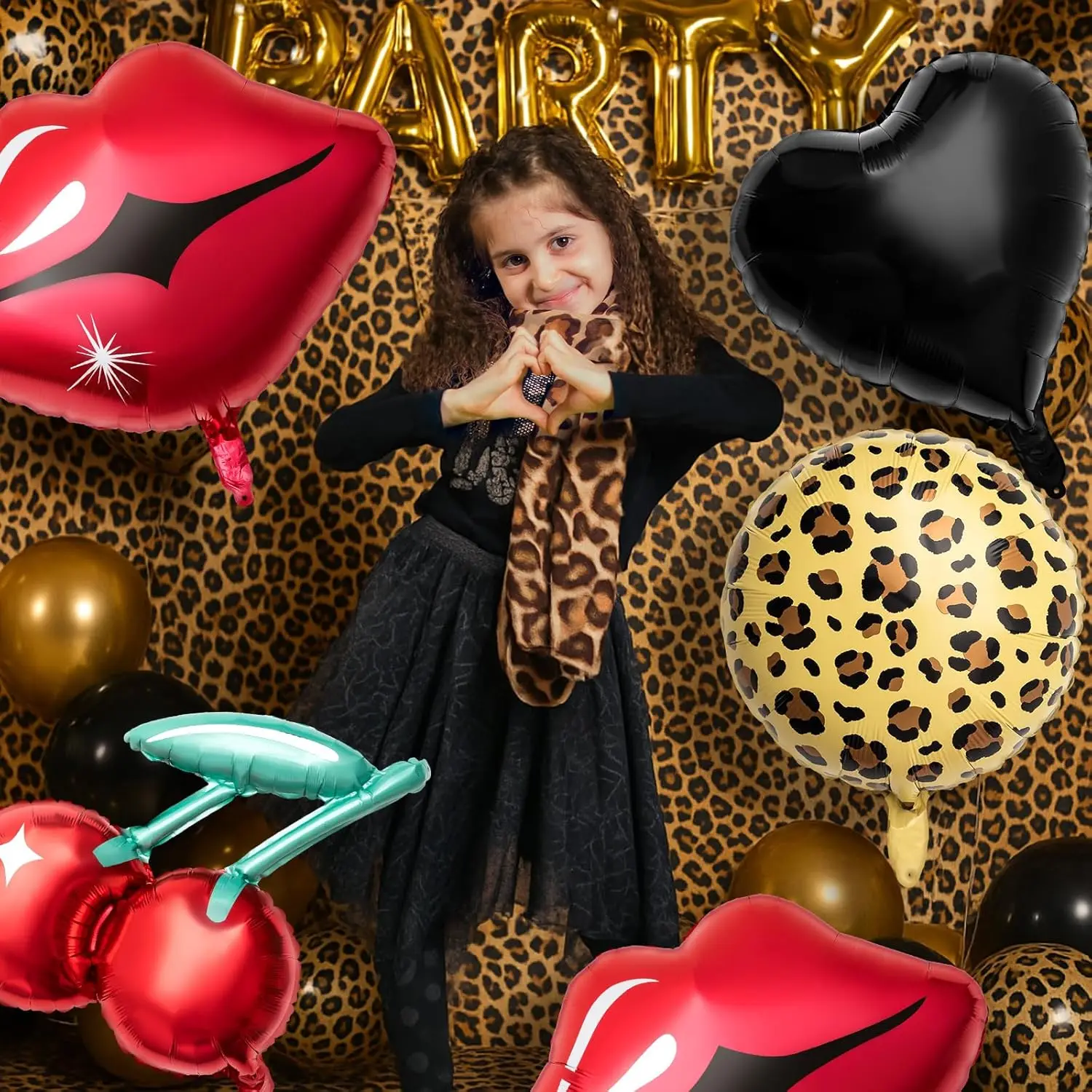 10 Stück Schwarze Rote Folienballons Set Kirschblüten Geparden-Herz Ballons für Junggesellinnenabschied Geburtstag Babyparty Deko-Zubehör – Detail 1