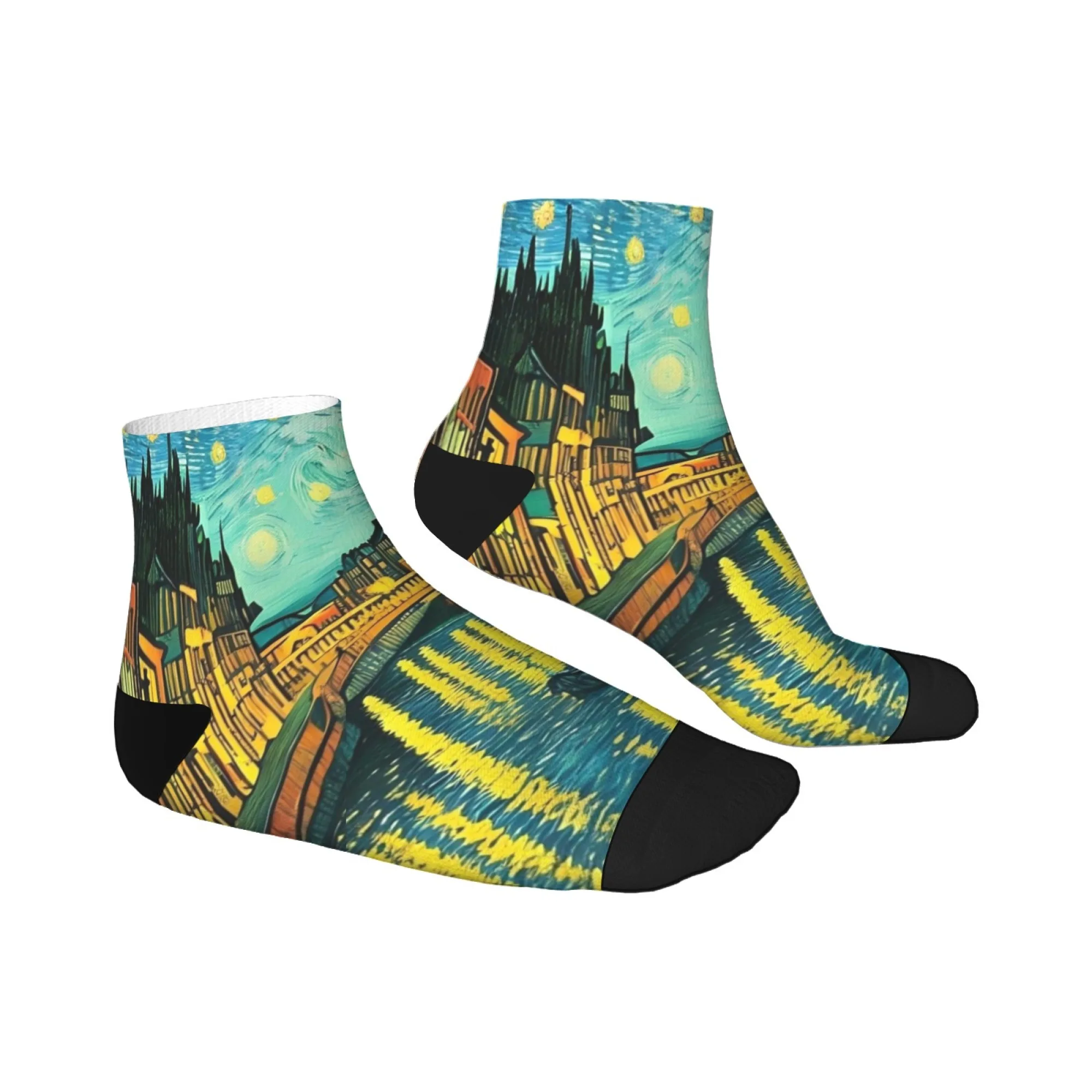 Wearable Van Gogh Style Socks，“Starry Night” & Riverside Cityscape Design ，Art - Inspired Fashion，Gallery Visits & Daily Life