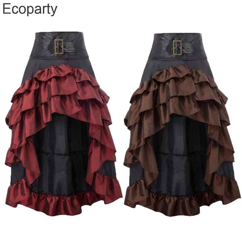 

New Women Medieval Victorian Asymmetrical Ruffled Trim Gothic Long Skirts Steampunk High Waist Retro Irregular Cake Buckle Skirt