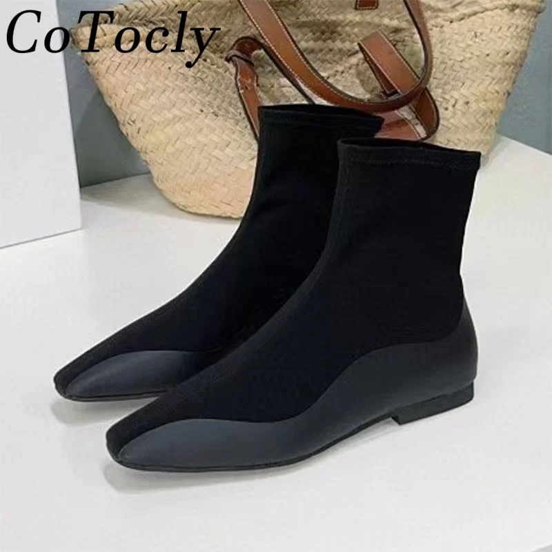 

Black Ankle Boots Women Square Toe Slip-on Stretch Boots Comfy Runway Shoes Woman Fashion Flat Short Boots Woman Botas Mujer
