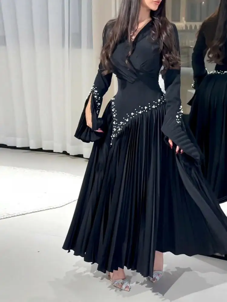 Uoozee Women Fashion Pleated Rhinestone Solid Color Maxi Dresses Spring Long Flared Sleeves Elegant Party Evening Dress 2024 New