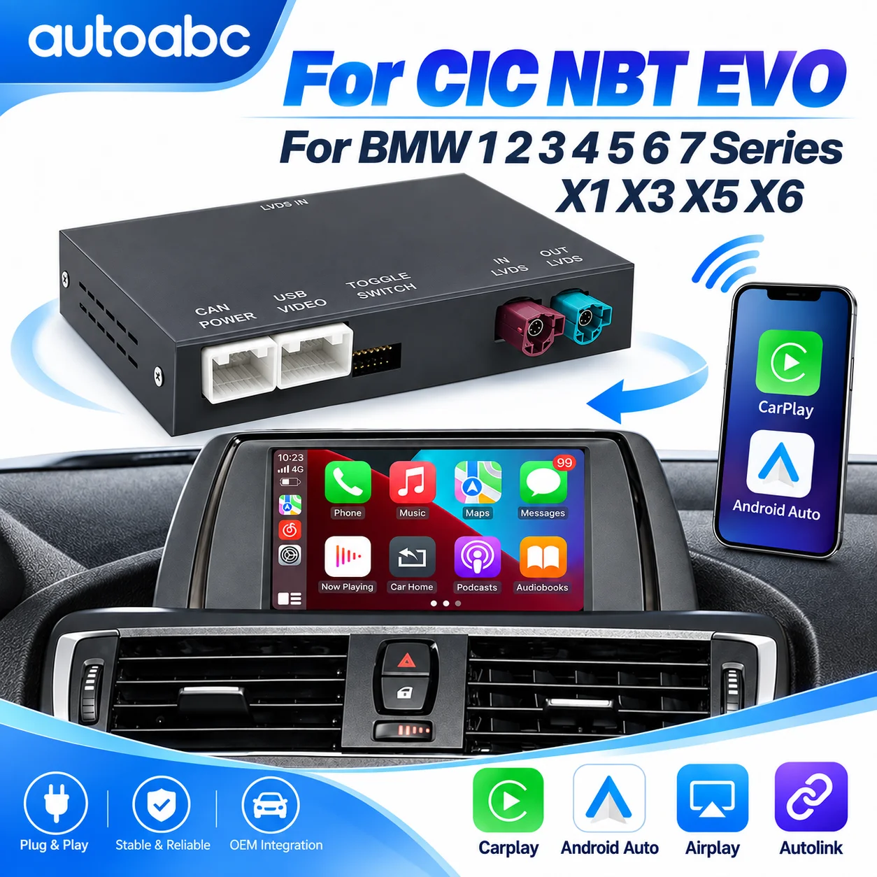 Kit di retrofit Wireless Carplay Android Auto per BMW NBT CIC Evo Serie 1 2 3 4 5 6 7 X1 X3 X4 X5 X6 Mini F20 F22 F30 F31 F34 F35 M3 F80 M4 F82 E60 E61 E62 E63 E64 E90 E91 E92 E93 F10 F11 F25 F26 F15