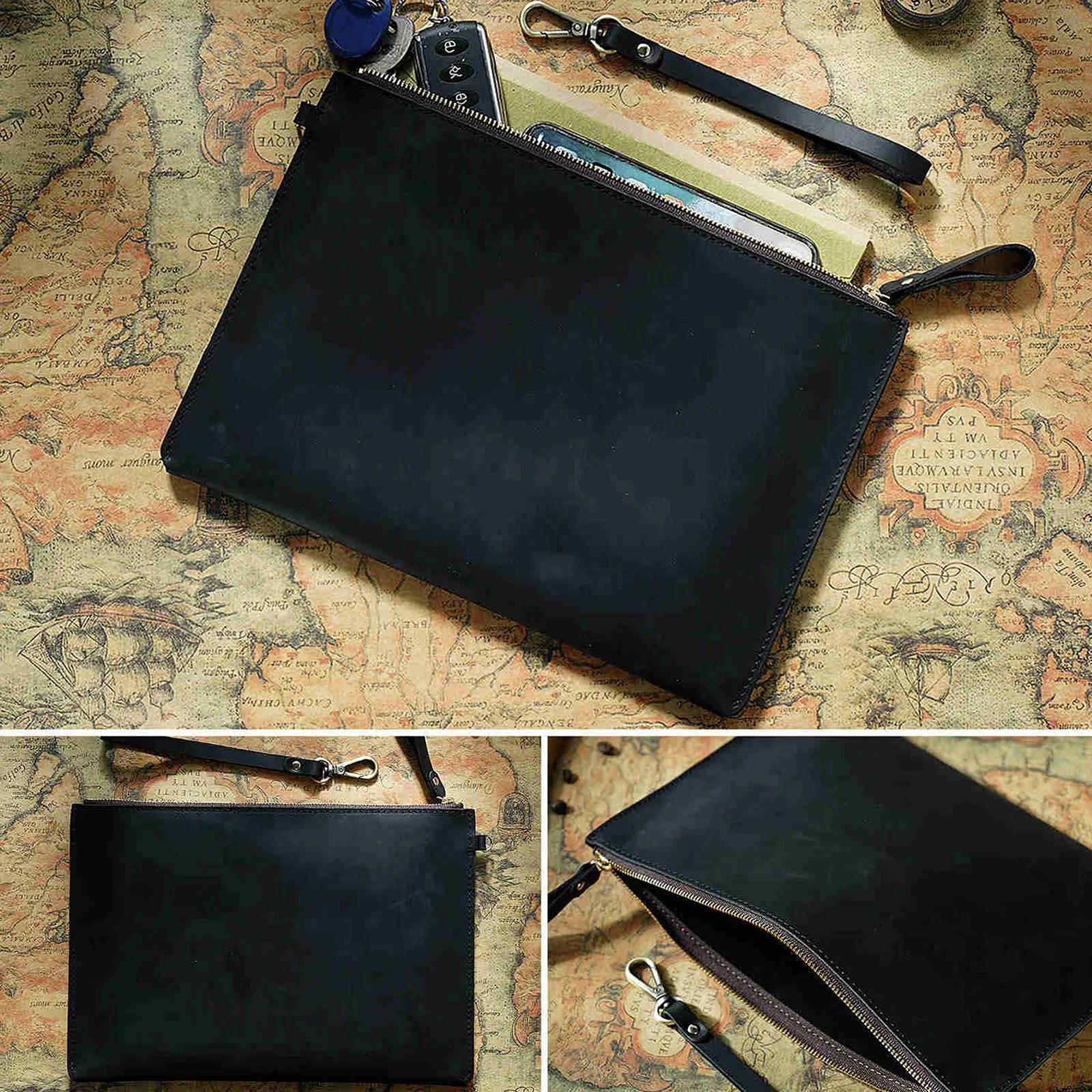 Custodia organizer per documenti vintage in vera pelle con cerniera Porta documenti sottile per iPad Mini e smartphone da viaggio per ufficio