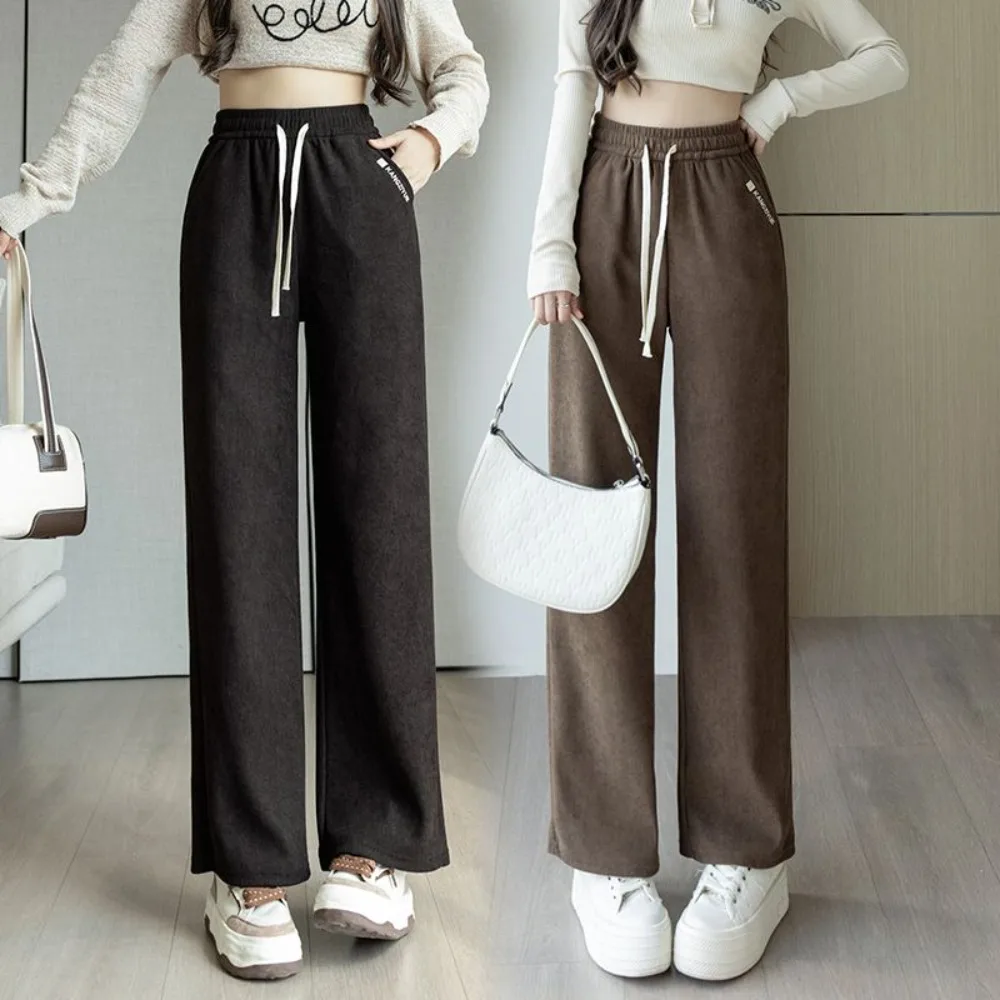 Jesienno-zimowe nowe spodnie damskie na małe stopy, z wysokim stanem, luźne, proste nogawki, szerokie spodnie, pluszowe, ocieplane, codzienne spodnie marchewki.