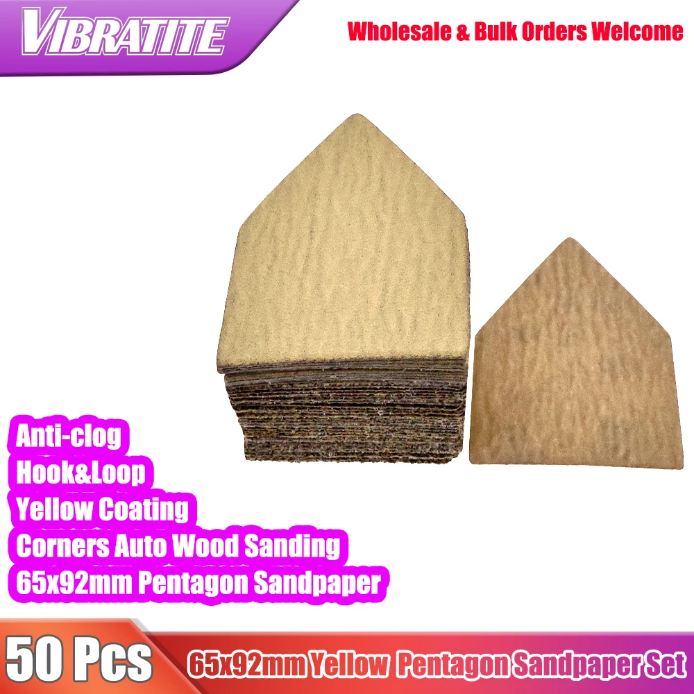 50Pcs 65*92mm Yellow Hook&Loop Pentagon Sandpaper Sheets Aluminium Oxide Sanding Discs for Corner Auto Paint Putty Wood Sanding
