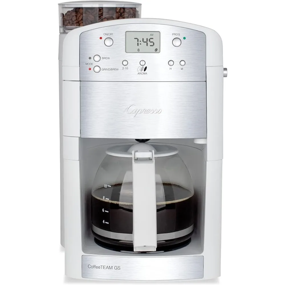 Capresso CoffeeTEAM GS 10-Cup Coffee Maker with Conical Burr Grinder, Glass Carafe 464.02 White