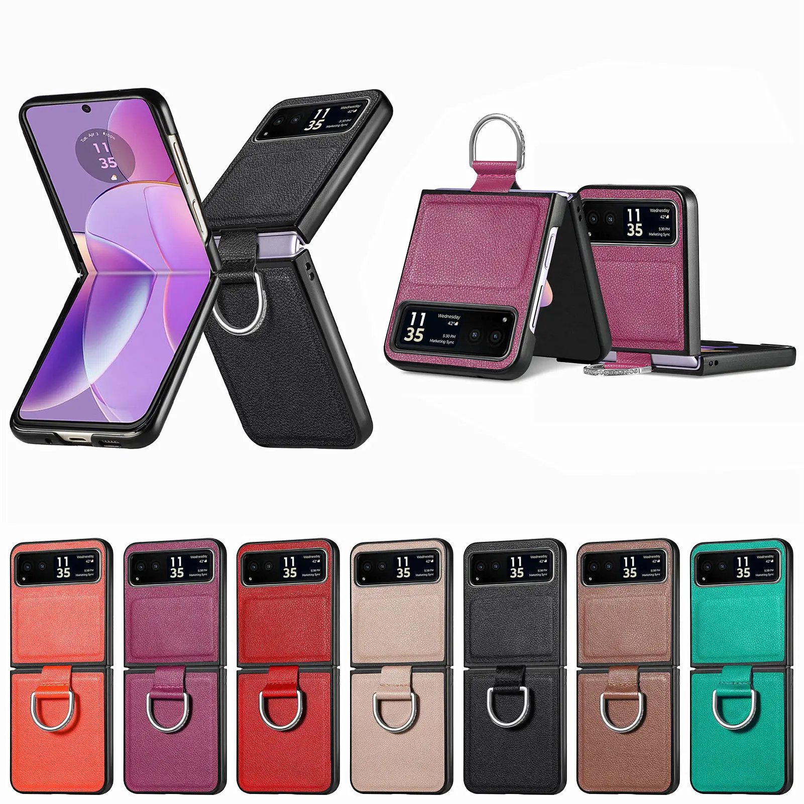 

For Motorola Razr 60 50 40 Ultra Phone Case Luxury Business Leather Diamond Finger Ring Ultra Thin Pc Shockproof Leather Cover