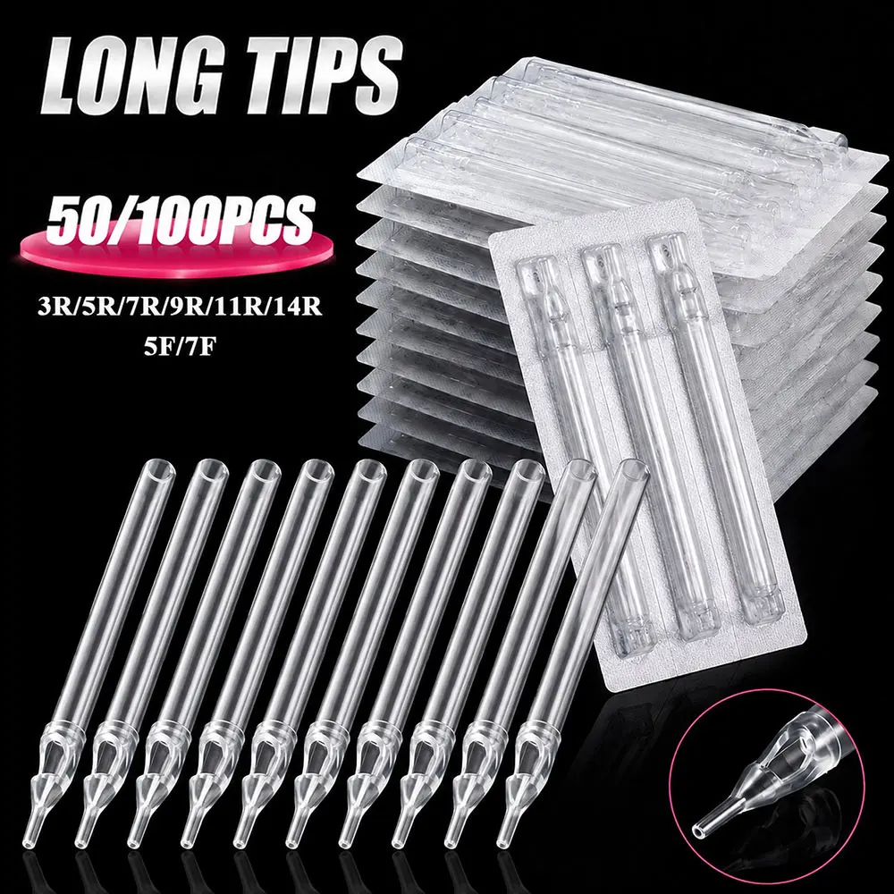 50PCS Sterilized Disposable Long Tattoo Tips Plastic Nozzle Tube for Tattoo Machine Needles Grip Liner Shader Tattoo Accessories