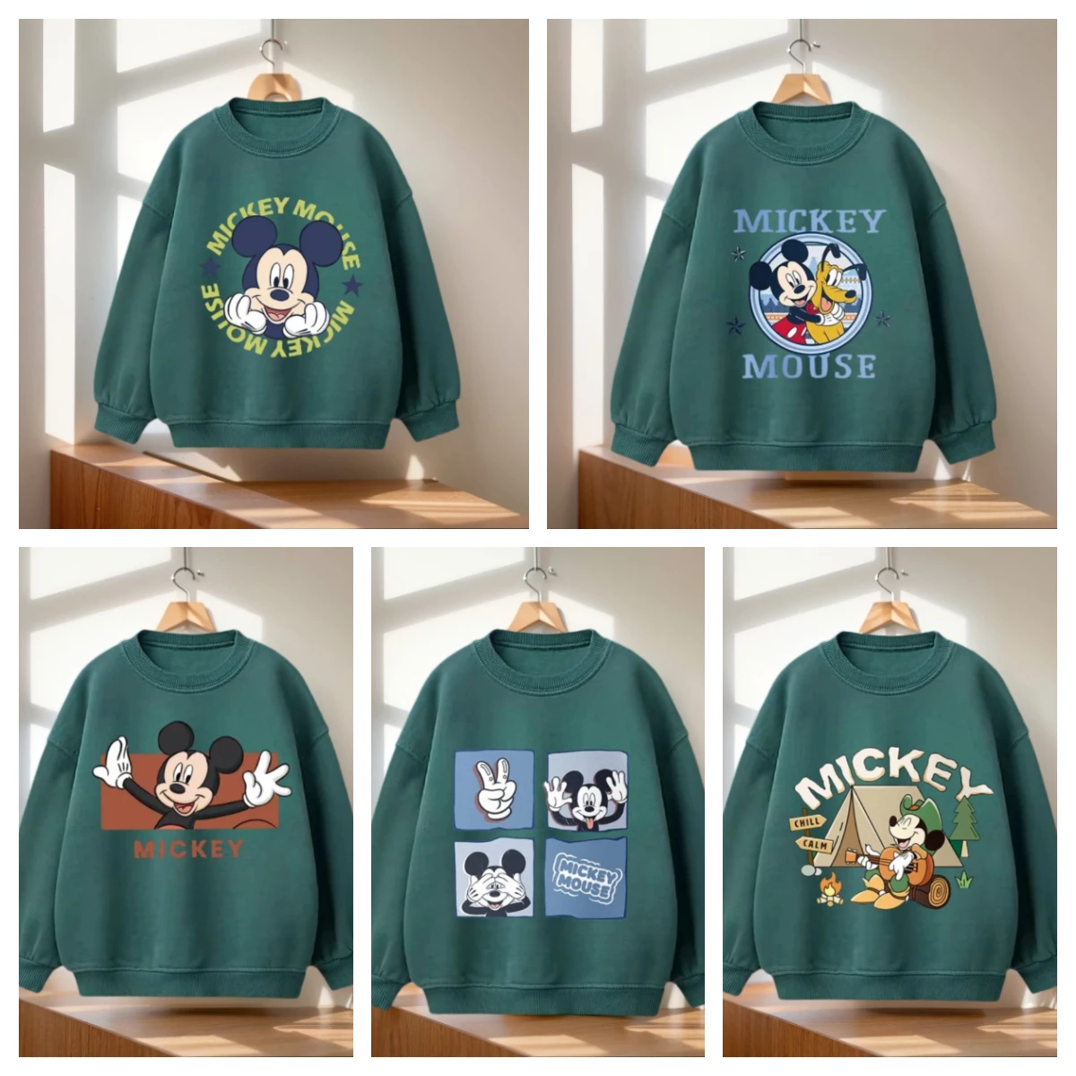 

Disney Mickey Green Sweatshirt Set | Crew Neck Long Sleeve Kids Tops | Surround Text/Pluto Duo/ Gesture/ Four - Grid/ Camping