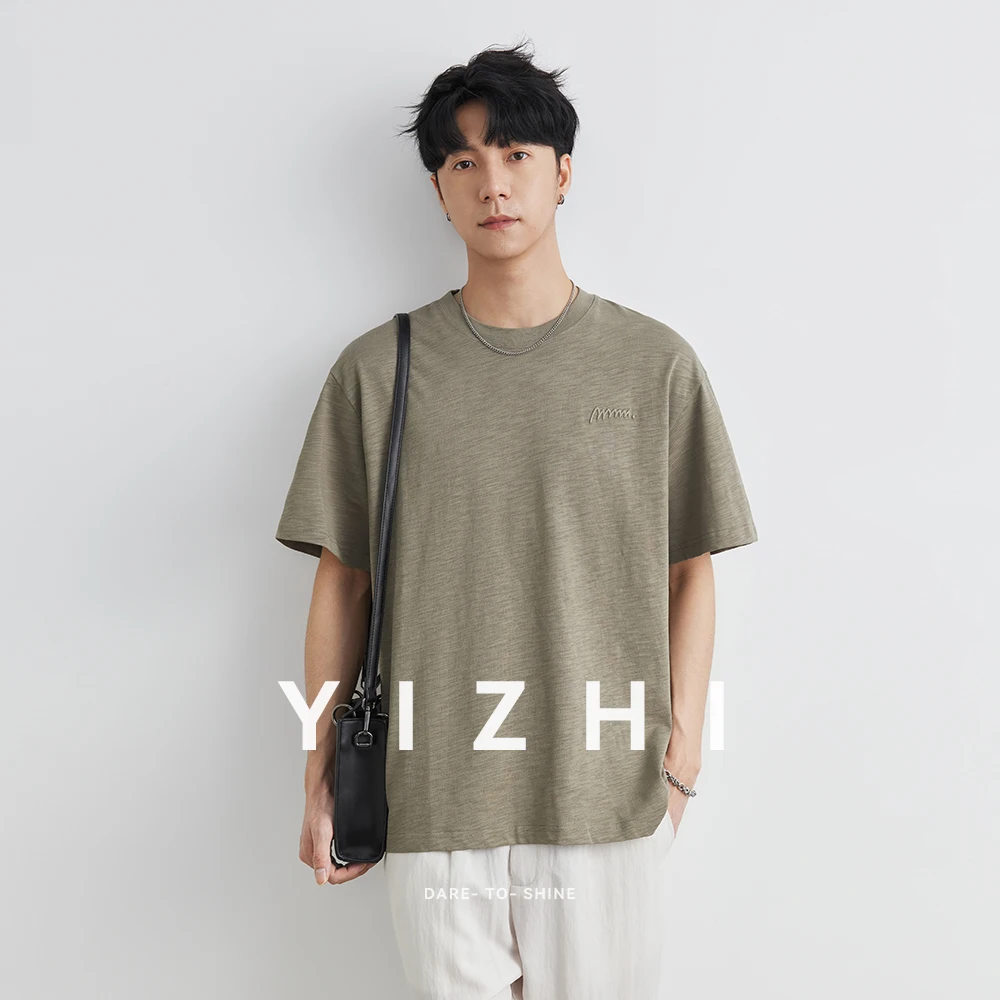 

100% Cotton Men's Embroidered Pattern Short Sleeve T-Shirt Summer Round Neck Solid Color Loose Bottoming Shirt Large Size Men