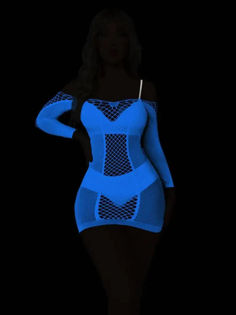 Blue Light Glowing Sexy Short Dress Elegant Bodycon Night Light Mesh Hollow Sexy Long Sleeve Off-Shoulder Mini Dress Tops DA6J