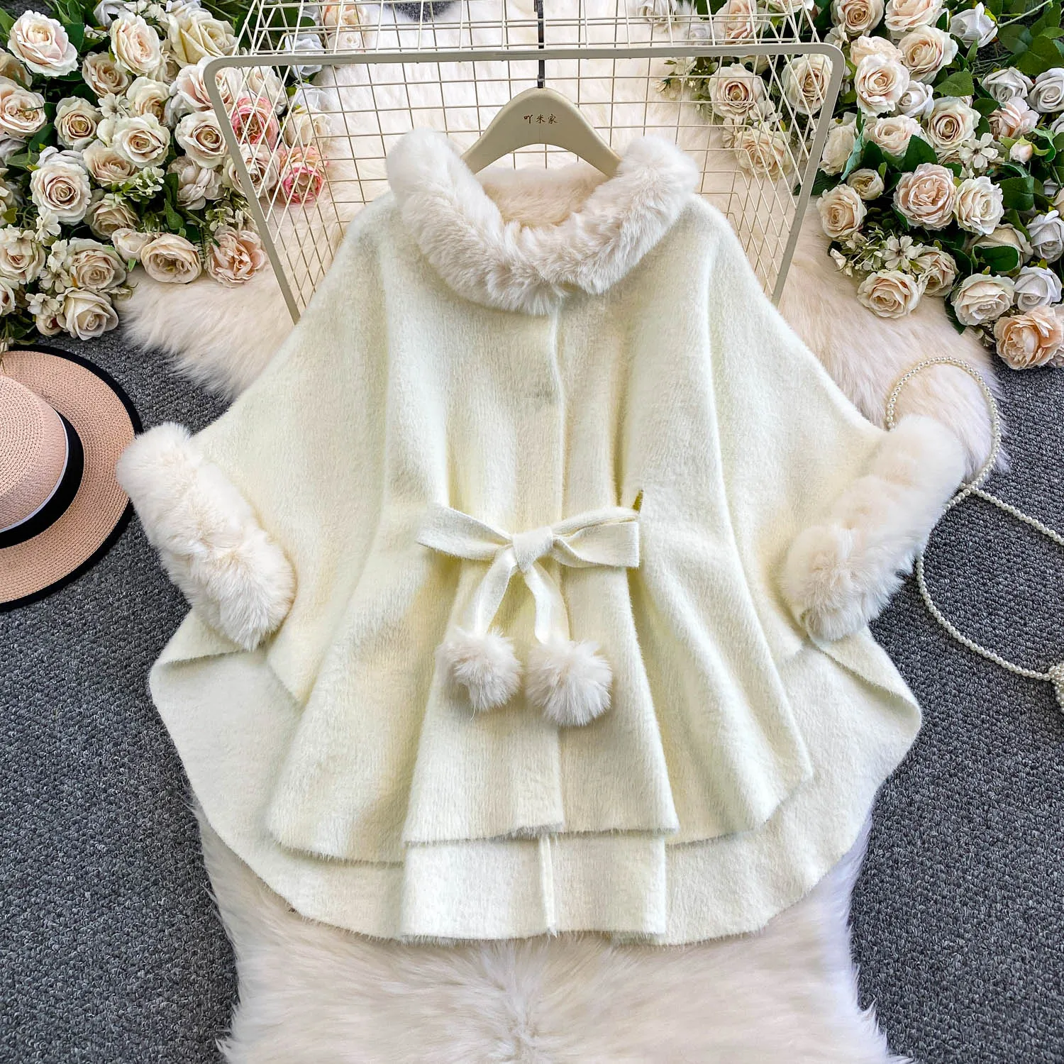 

Women Faux Fur Winter Bandage Coats Jackets Lady Warm Batwing Sleeve Trendy Cute Tops Female Xmas Christmas Festival Party Coats