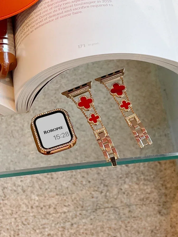 حزام معدني + حافظة لساعة أبل Ultra2 49 مللي متر 46 44 45 42 40 38 سلسلة 10 9 8 7 SE 6 سوار الماس النسائي أربع أوراق البرسيم