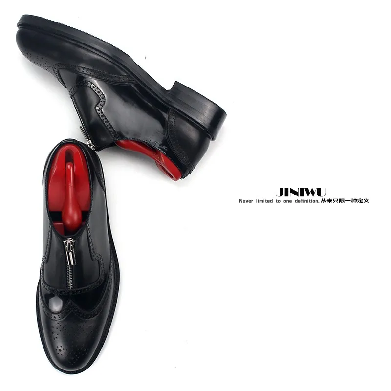 JINIWU 2026 Autumn Winter Brogue Slip On Leather Shoes, Zipper Carved Oily Black Splicing Cowhide Formal Men Dress Shoes
