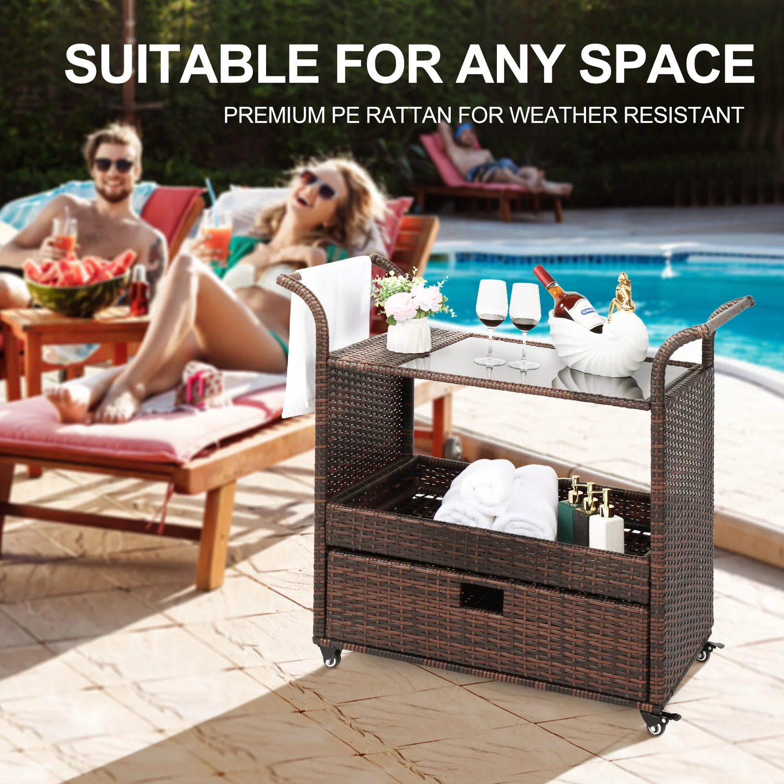 Outdoor Patio Wicker Rattan Serving Bar Cart Sideboard On Wheels Brown Gradient