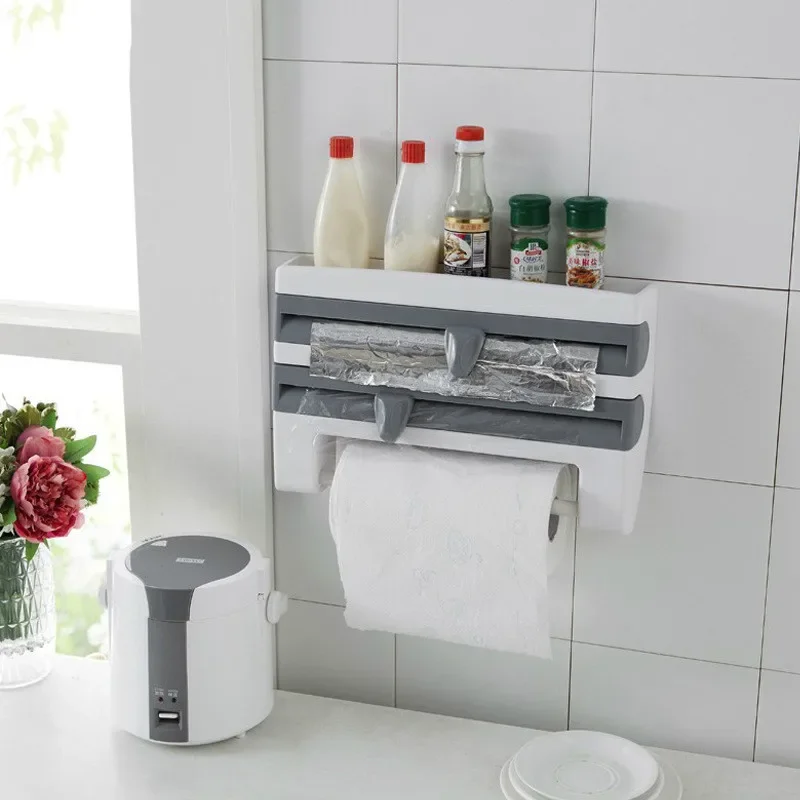 Kitchen Fresh-keeping Film Storage Rack Multi-functional Foil Barbecue Paper Towel Wall Mounted Storage Rack With Cutter