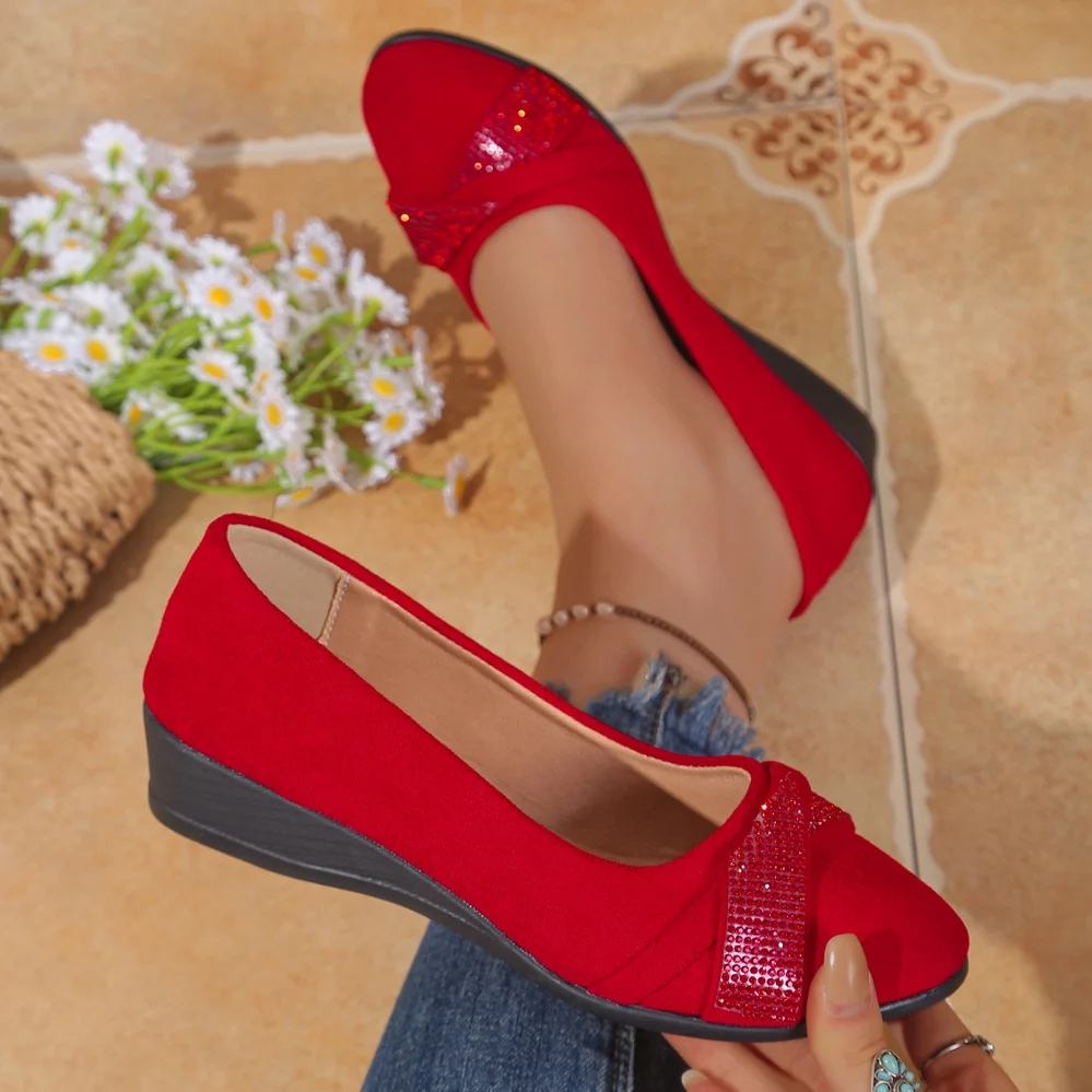 Damen-Keilabsatzpumps mit Strass-Schleife, geschlossener Zehenbereich, Slip-On-Plattform, dicker Absatz, lässige Damenschuhe, große Größen – Detail 5