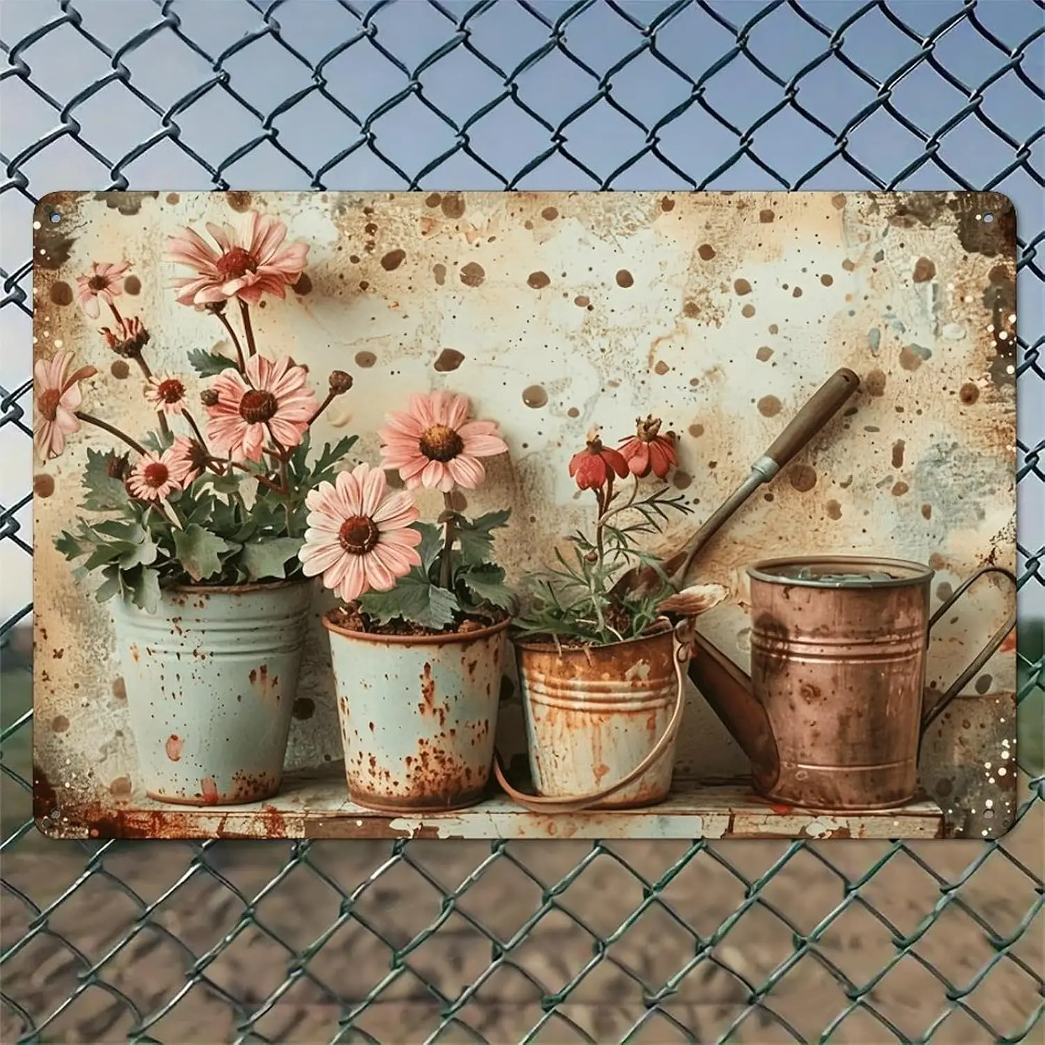 Rusty Buckets Holding Pink Flowers And Watering Can Rustic Aluminum Wall Art & Metal Tin Sign - in Vintage Indoor Outdoor De