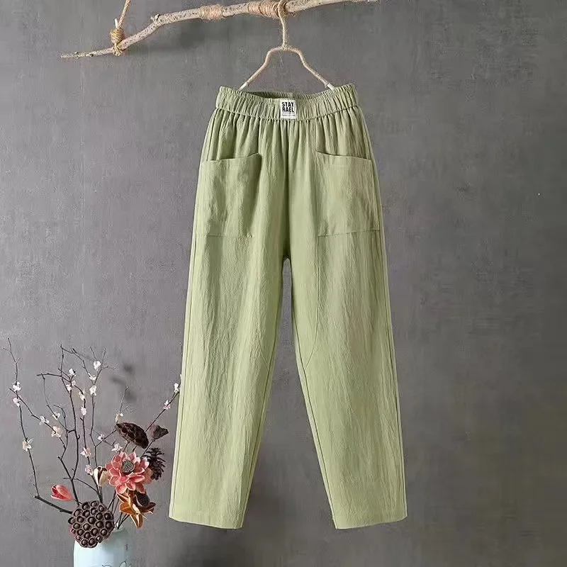 Women Loose Casual Pocket Cotton Linen Long Straight Pants Cropped Harlan Pants