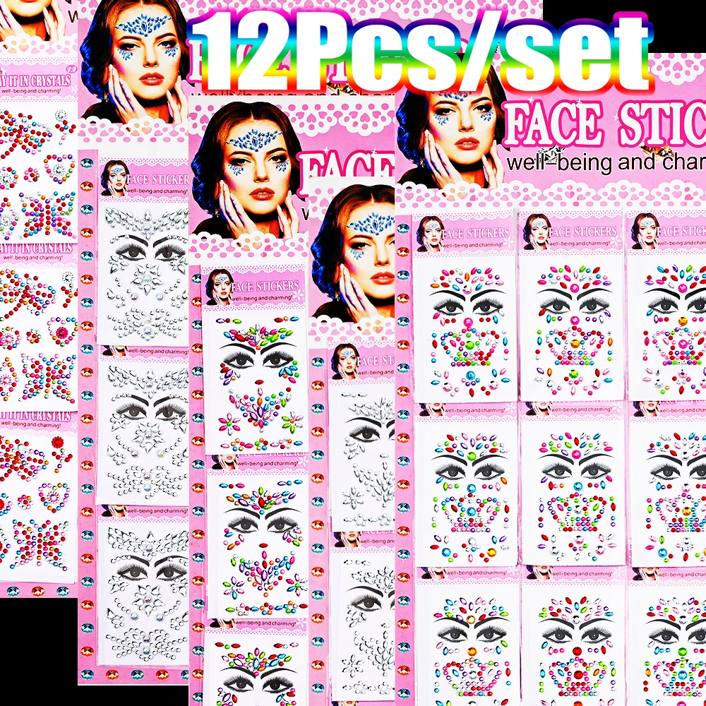 12Pcs Colroful Girl Makeup Face Sticker 3D Round/Oval/Water-Drop Glitte Diamond Decal Self-Adhesive Xmas Party Rhinestones Face