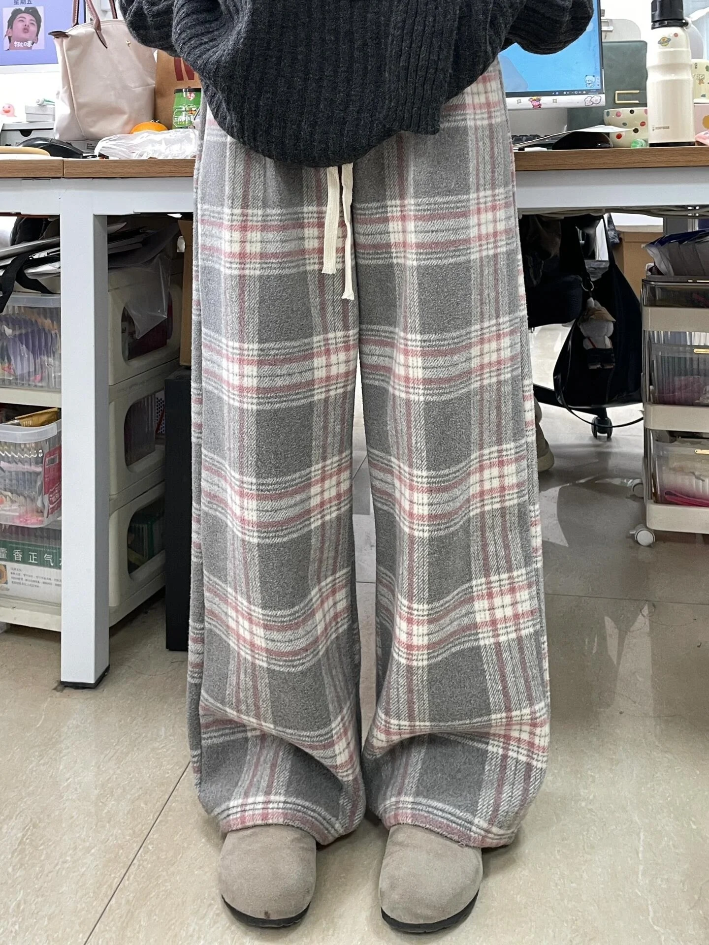 فضفاض الصوف بنطال ذو قصة أرجل واسعة عالية الخصر مستقيم قطع منقوشة كسول Sle الخريف الشتاء المرأة بناطيل كاجوال العلامة التجارية الصينية #2