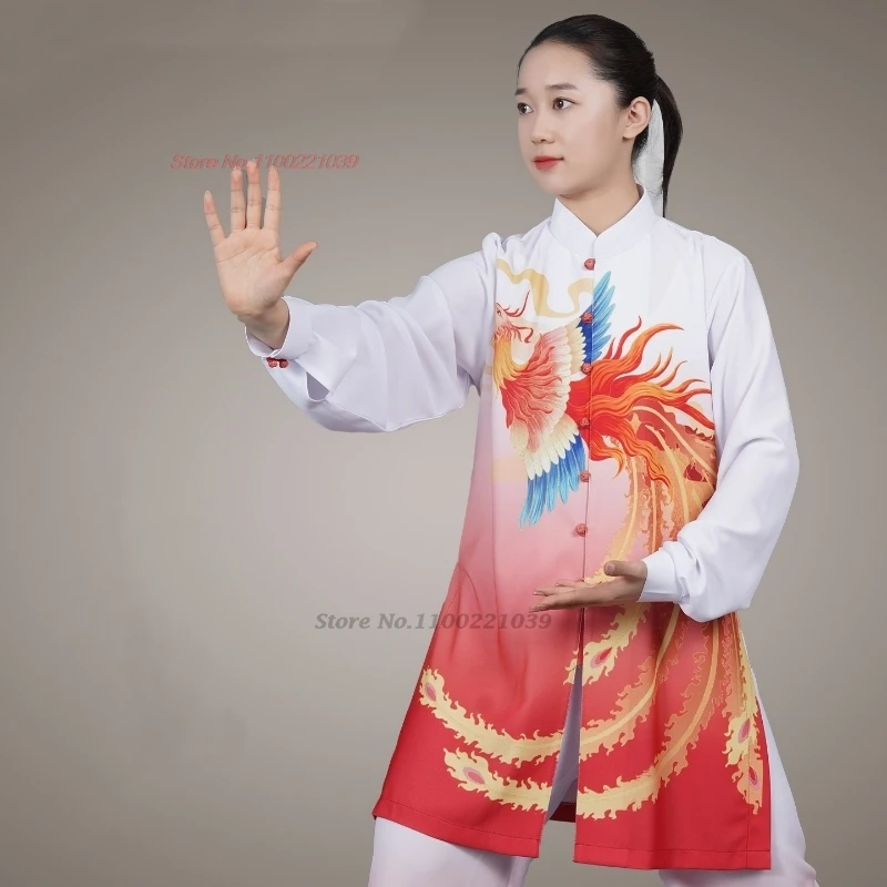 

2026 chinese kung fu tai chi martial arts wushu uniform retro phoenix print tops+pants set tai chi training exercise performance